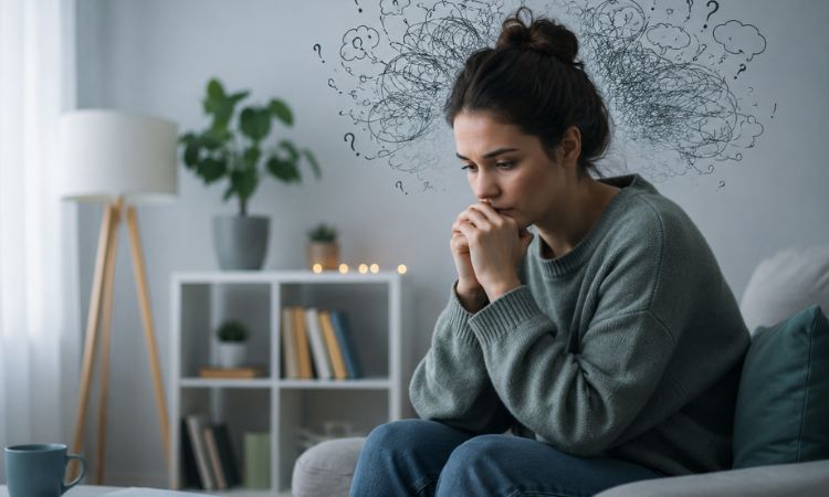 Donna seduta in casa con espressione preoccupata mentre riflette sui propri pensieri, rappresentazione dei sintomi emotivi associati ai disturbi d'ansia e al benessere psicologico.