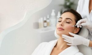 Donna durante un trattamento di medicina estetica non chirurgica in una clinica estetica professionale.